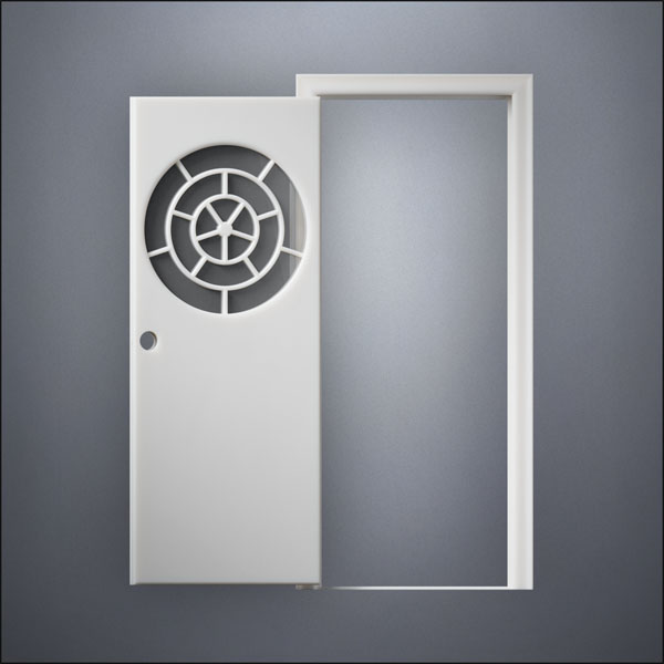 modern thin-frame Circular Segmented Window Door with fancy-profile frame and brass hardware, shown open in front view