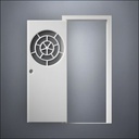 modern thin-frame Circular Segmented Window Door with fancy-profile frame and brass hardware, shown open in front view