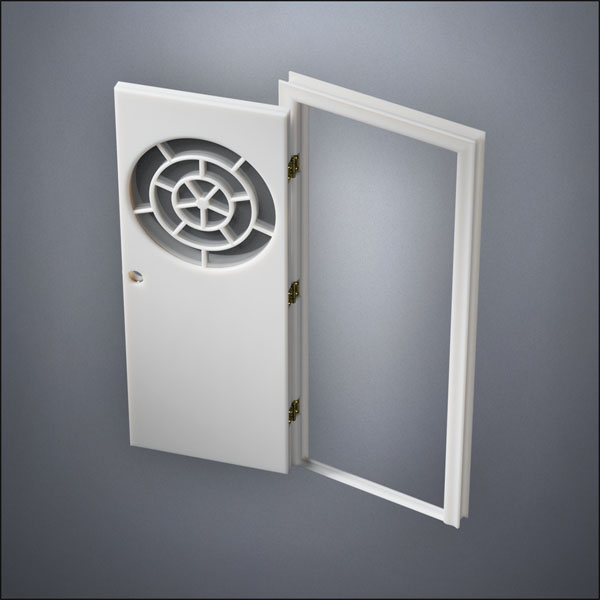 modern thin-frame Circular Segmented Window Door with fancy-profile frame and brass hardware, shown open in perspective view