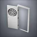 modern thin-frame Circular Segmented Window Door with fancy-profile frame and brass hardware, shown open in perspective view