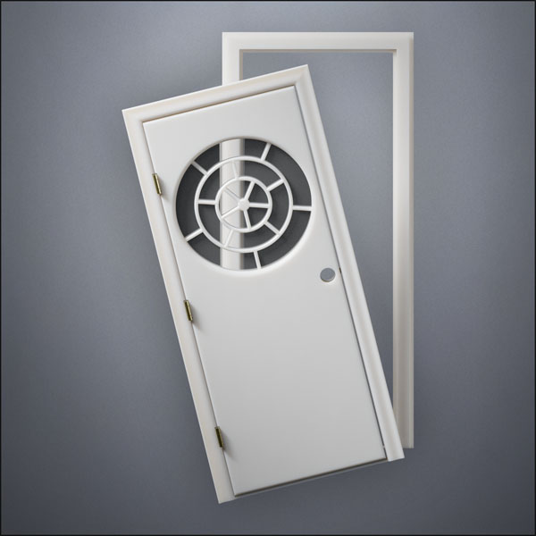 modern thin-frame Circular Segmented Window Door with fancy-profile frame and brass hardware, shown split open in front view