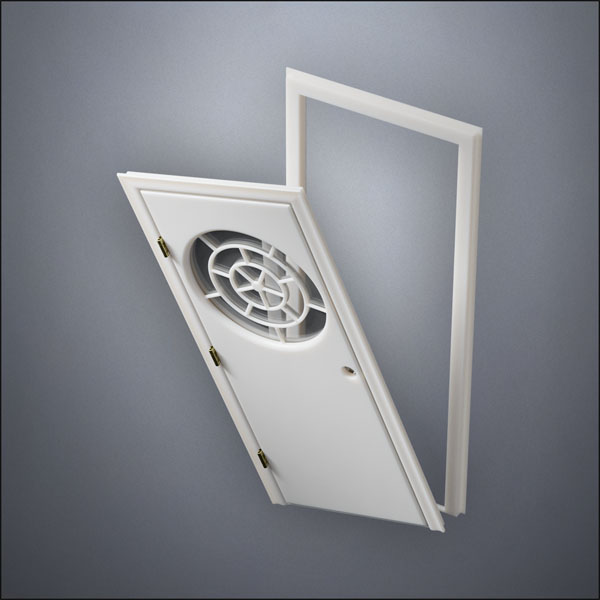 modern thin-frame Circular Segmented Window Door with fancy-profile frame and brass hardware, shown split open in perspective view