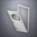 modern thin-frame Circular Segmented Window Door with fancy-profile frame and brass hardware, shown split open in perspective view