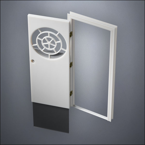 modern thin-frame Circular Segmented Window Door with fancy-profile frame and brass hardware, shown open with the removable pane separated in perspective view