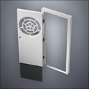 modern thin-frame Circular Segmented Window Door with fancy-profile frame and brass hardware, shown open with the removable pane separated in perspective view