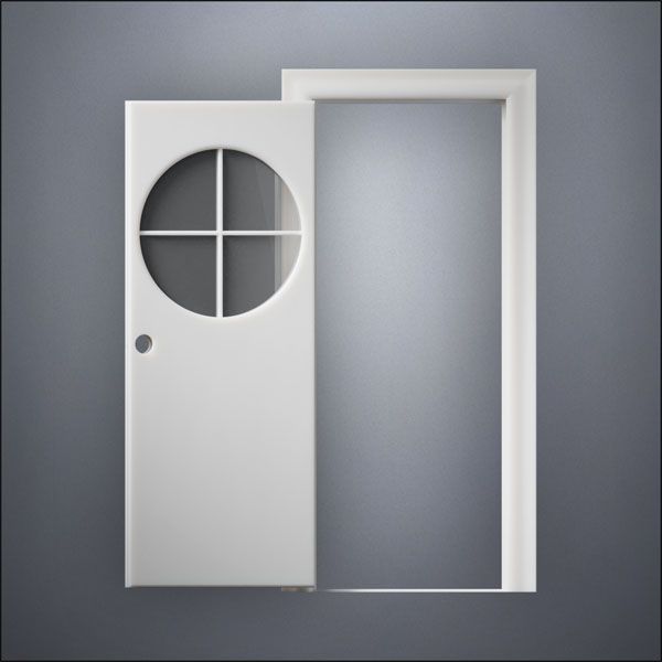 classic thick-frame Circular Cross Window Door with fancy-profile frame and brass hardware, shown open in front view