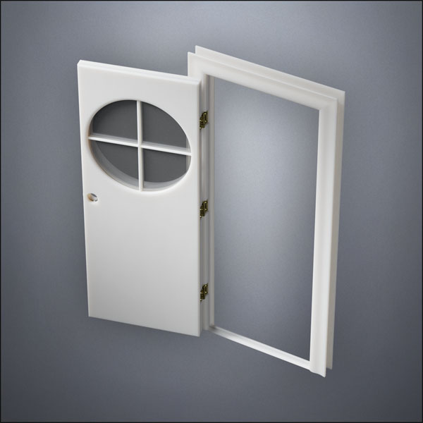 classic thick-frame Circular Cross Window Door with fancy-profile frame and brass hardware, shown open in perspective view