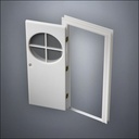 classic thick-frame Circular Cross Window Door with fancy-profile frame and brass hardware, shown open in perspective view