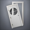 classic thick-frame Circular Cross Window Door with fancy-profile frame and brass hardware, shown split open in front view