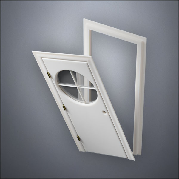 classic thick-frame Circular Cross Window Door with fancy-profile frame and brass hardware, shown split open in perspective view