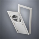 classic thick-frame Circular Cross Window Door with fancy-profile frame and brass hardware, shown split open in perspective view