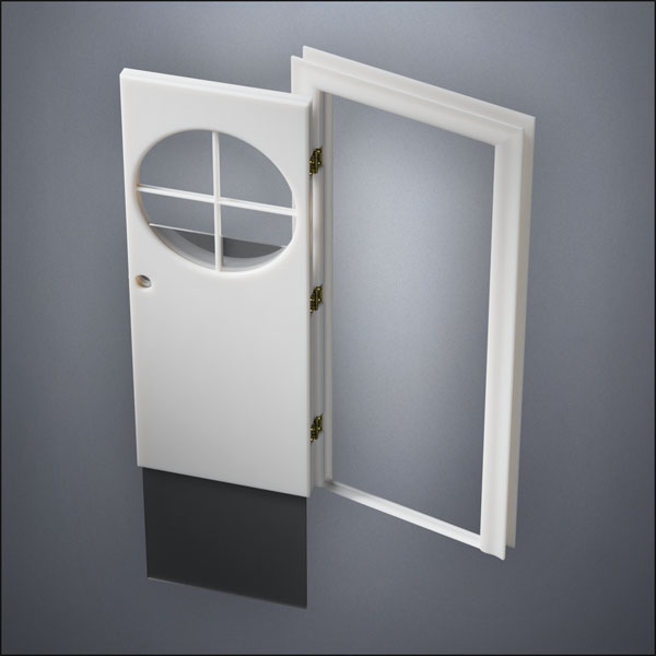 classic thick-frame Circular Cross Window Door with fancy-profile frame and brass hardware, shown open with the removable pane separated in perspective view