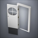 classic thick-frame Circular Cross Window Door with fancy-profile frame and brass hardware, shown open with the removable pane separated in perspective view