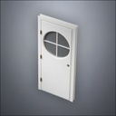 modern thin-frame Circular Cross Window Door with fancy-profile frame and brass hardware, shown closed in perspective view