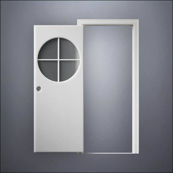 modern thin-frame Circular Cross Window Door with fancy-profile frame and brass hardware, shown open in front view