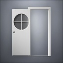 modern thin-frame Circular Cross Window Door with fancy-profile frame and brass hardware, shown open in front view