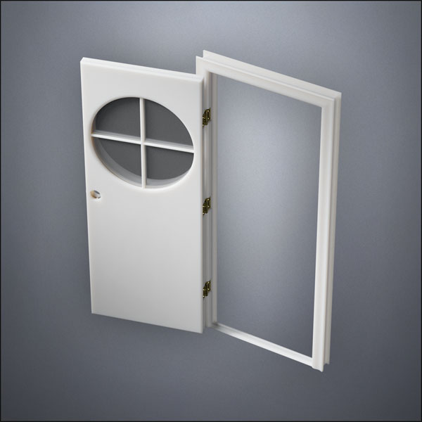 modern thin-frame Circular Cross Window Door with fancy-profile frame and brass hardware, shown open in perspective view