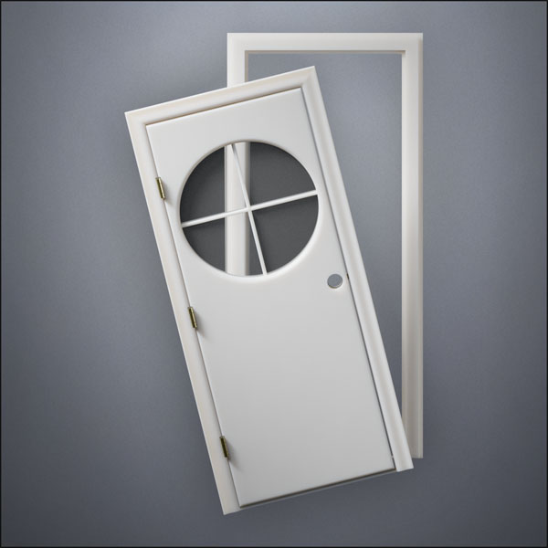modern thin-frame Circular Cross Window Door with fancy-profile frame and brass hardware, shown split open in front view