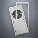 modern thin-frame Circular Cross Window Door with fancy-profile frame and brass hardware, shown split open in front view