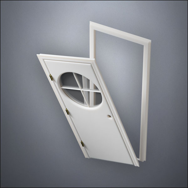 modern thin-frame Circular Cross Window Door with fancy-profile frame and brass hardware, shown split open in perspective view