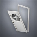 modern thin-frame Circular Cross Window Door with fancy-profile frame and brass hardware, shown split open in perspective view