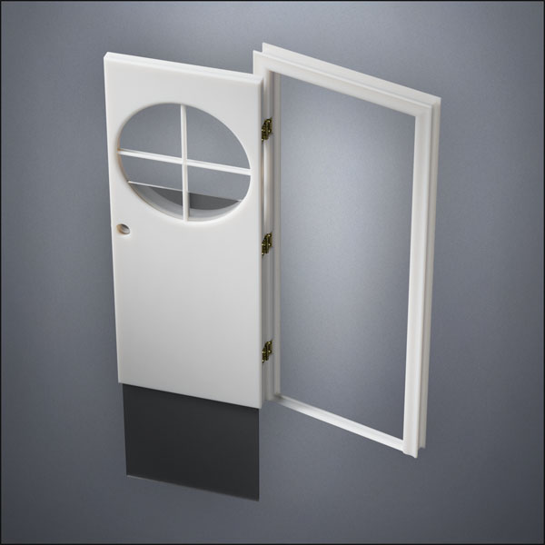 modern thin-frame Circular Cross Window Door with fancy-profile frame and brass hardware, shown open with the removable pane separated in perspective view