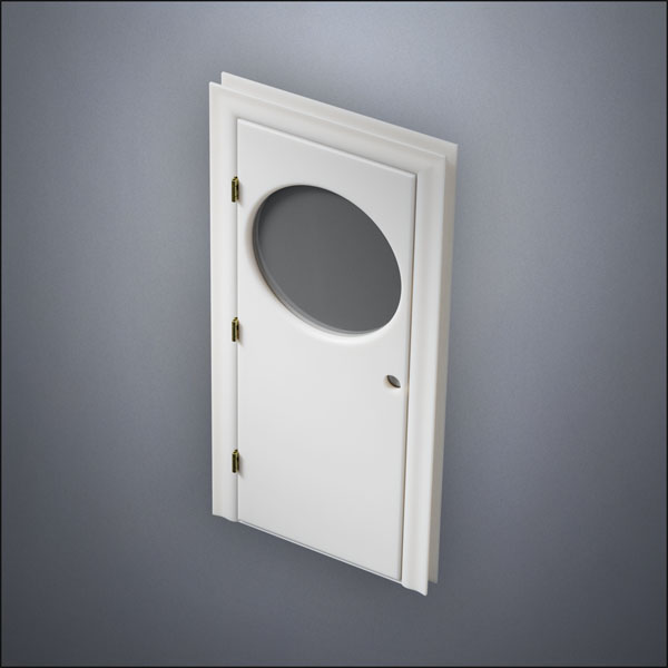 classic thick-frame Circular Window Door with fancy-profile frame and brass hardware, shown closed in perspective view