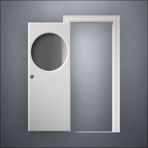 classic thick-frame Circular Window Door with fancy-profile frame and brass hardware, shown open in front view