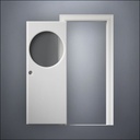 classic thick-frame Circular Window Door with fancy-profile frame and brass hardware, shown open in front view