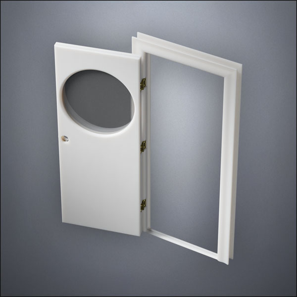 classic thick-frame Circular Window Door with fancy-profile frame and brass hardware, shown open in perspective view