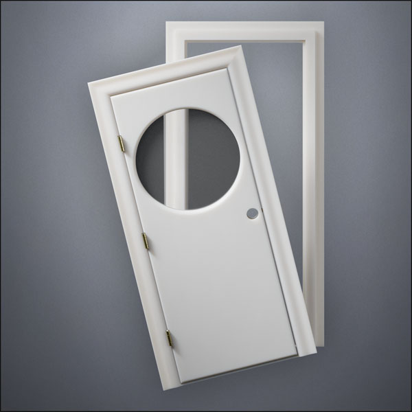 classic thick-frame Circular Window Door with fancy-profile frame and brass hardware, shown split open in front view
