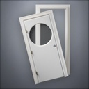 classic thick-frame Circular Window Door with fancy-profile frame and brass hardware, shown split open in front view