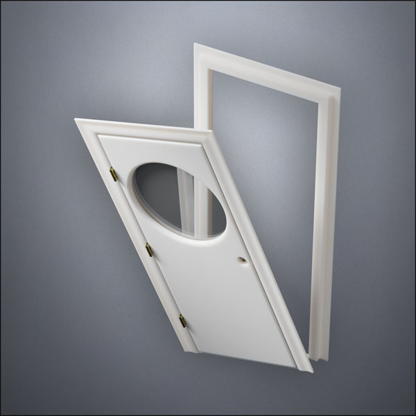 classic thick-frame Circular Window Door with fancy-profile frame and brass hardware, shown split open in perspective view