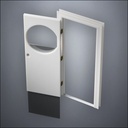 classic thick-frame Circular Window Door with fancy-profile frame and brass hardware, shown open with the removable pane separated in perspective view