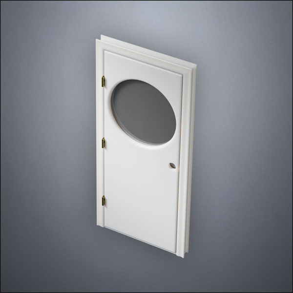 modern thin-frame Circular Window Door with fancy-profile frame and brass hardware, shown closed in perspective view