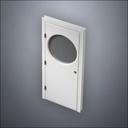 modern thin-frame Circular Window Door with fancy-profile frame and brass hardware, shown closed in perspective view