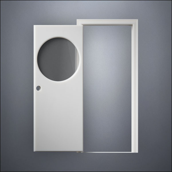 modern thin-frame Circular Window Door with fancy-profile frame and brass hardware, shown open in front view