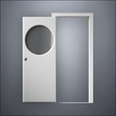 modern thin-frame Circular Window Door with fancy-profile frame and brass hardware, shown open in front view