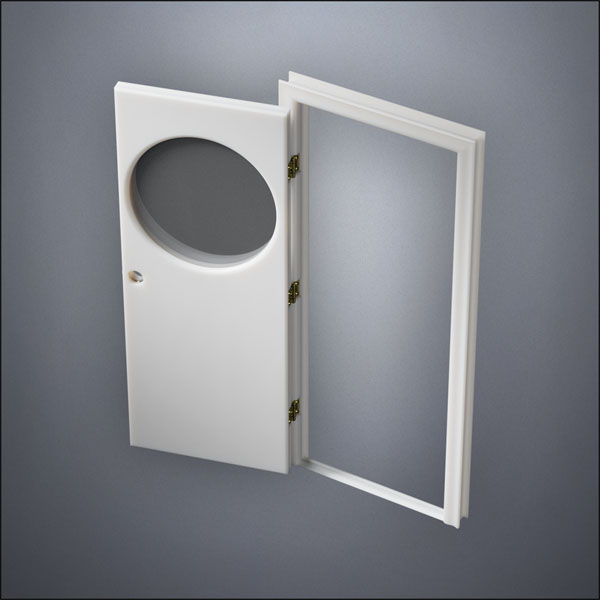 modern thin-frame Circular Window Door with fancy-profile frame and brass hardware, shown open in perspective view