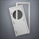 modern thin-frame Circular Window Door with fancy-profile frame and brass hardware, shown split open in front view