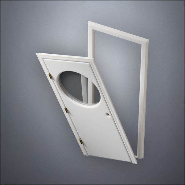 modern thin-frame Circular Window Door with fancy-profile frame and brass hardware, shown split open in perspective view