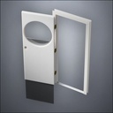modern thin-frame Circular Window Door with fancy-profile frame and brass hardware, shown open with the removable pane separated in perspective view