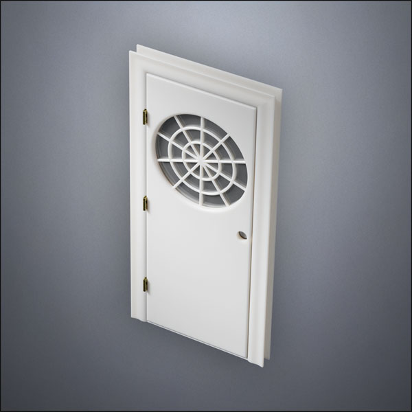 classic thick-frame Spiderweb Window Door with fancy-profile frame and brass hardware, shown closed in perspective view