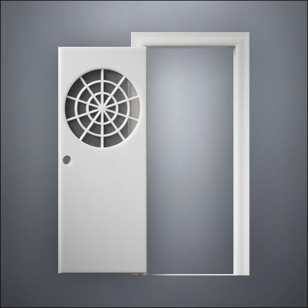 classic thick-frame Spiderweb Window Door with fancy-profile frame and brass hardware, shown open in front view