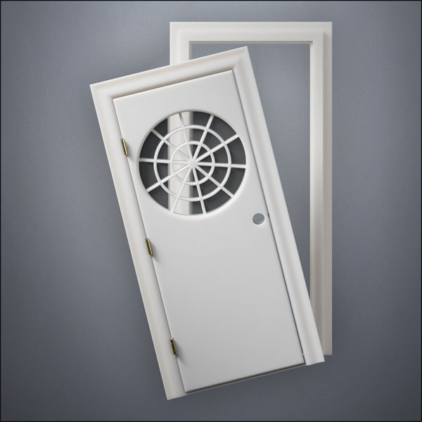 classic thick-frame Spiderweb Window Door with fancy-profile frame and brass hardware, shown split open in front view