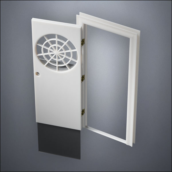 classic thick-frame Spiderweb Window Door with fancy-profile frame and brass hardware, shown open with the removable pane separated in perspective view