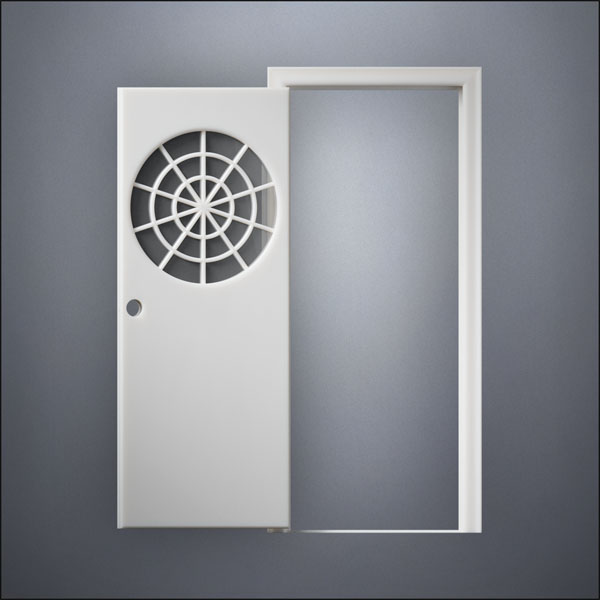 modern thin-frame Spiderweb Window Door with fancy-profile frame and brass hardware, shown open in front view