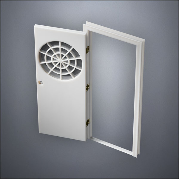 modern thin-frame Spiderweb Window Door with fancy-profile frame and brass hardware, shown open in perspective view