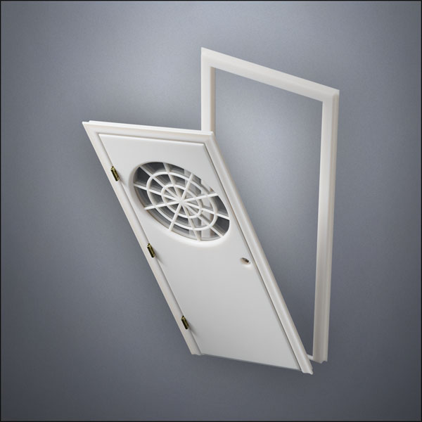 modern thin-frame Spiderweb Window Door with fancy-profile frame and brass hardware, shown split open in perspective view