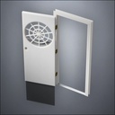 modern thin-frame Spiderweb Window Door with fancy-profile frame and brass hardware, shown open with the removable pane separated in perspective view